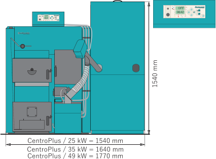 0 1 08:42 OFF CentroPlus / 25 kW = 1540 mm  CentroPlus / 35 kW = 1640 mm CentroPlus / 49 kW = 1770 mm 0 1 08:42 OFF 1540 mm