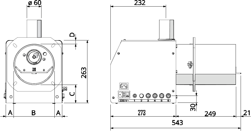 A A B 273	21 249  543 ø 60 232 C D 263 30